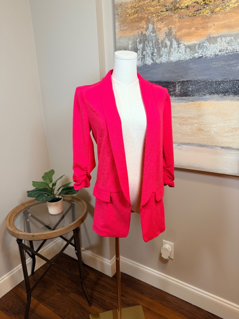 Bar III Hot Pink Open Front Blazer | Ruched Sleeve | Size Small | Bold Statement